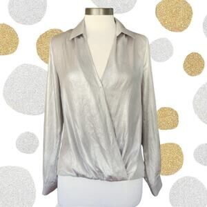 Yoana Baraschi Silver Metallic Long Sleeve Faux Wrap Top Crossover Draped V-neck